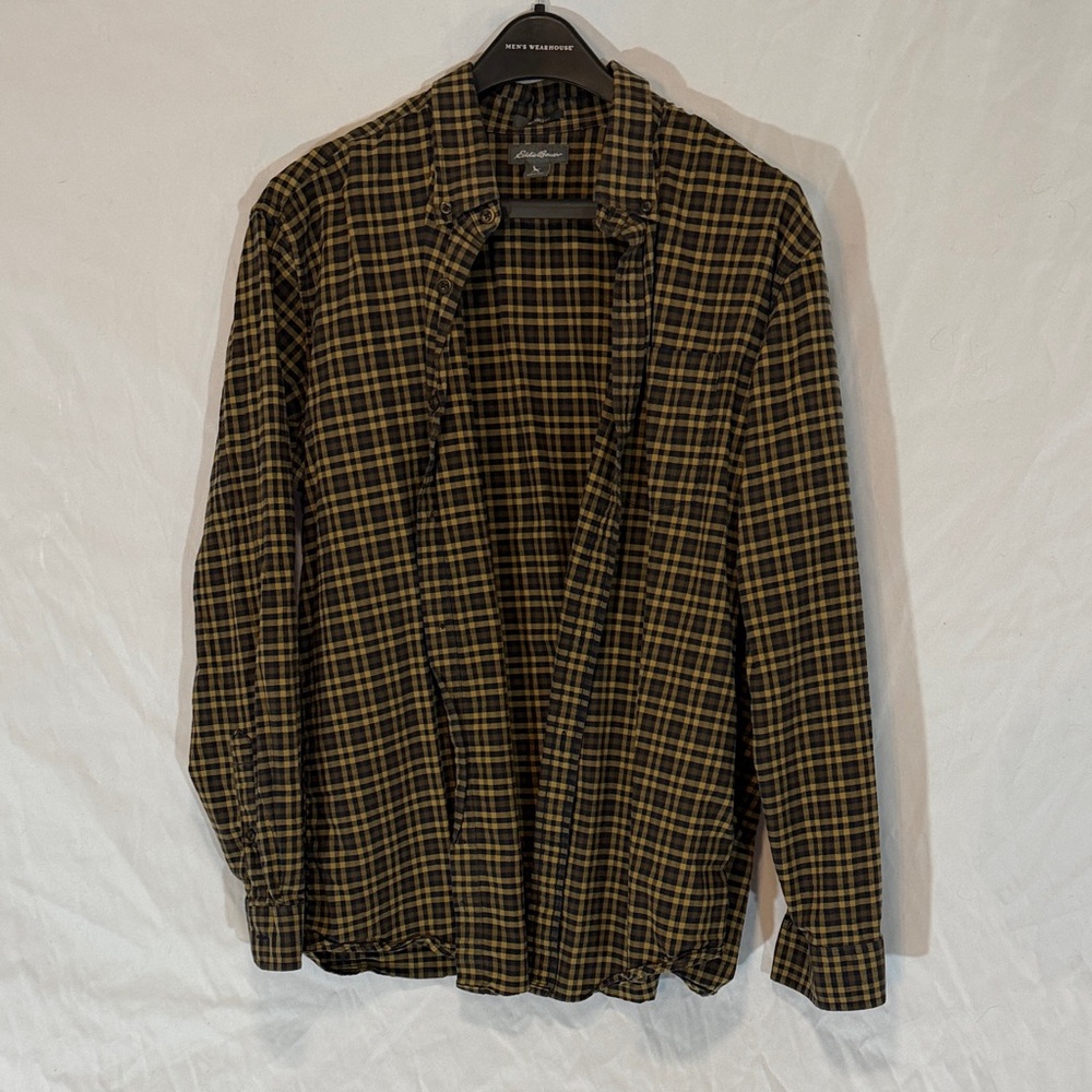 Eddie Bauer Black and Yellow Plaid Casual Button Down Shirt